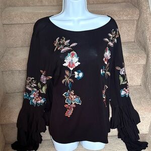 INC Floral Embroidered Black Top with Flutter Sleeves in Size Large